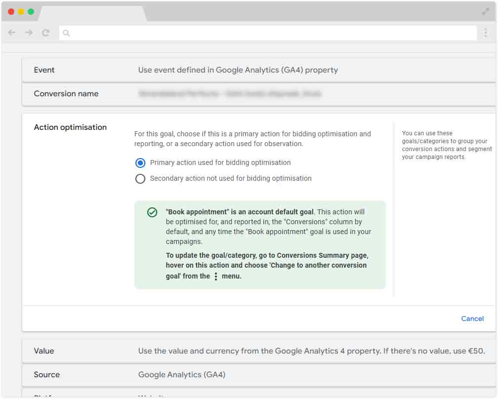 primair vs secundair doel google ads